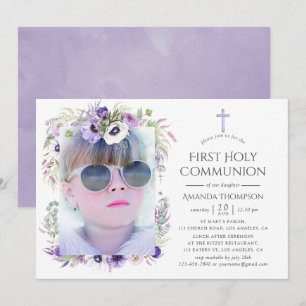 Dusty Violet Floral First Holy Communion Invitation