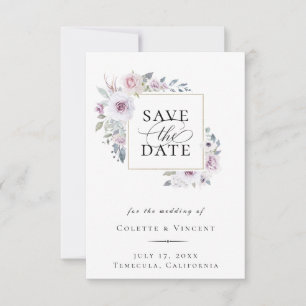 Dusty Violet Floral Gold Frame Save The Date Announcement