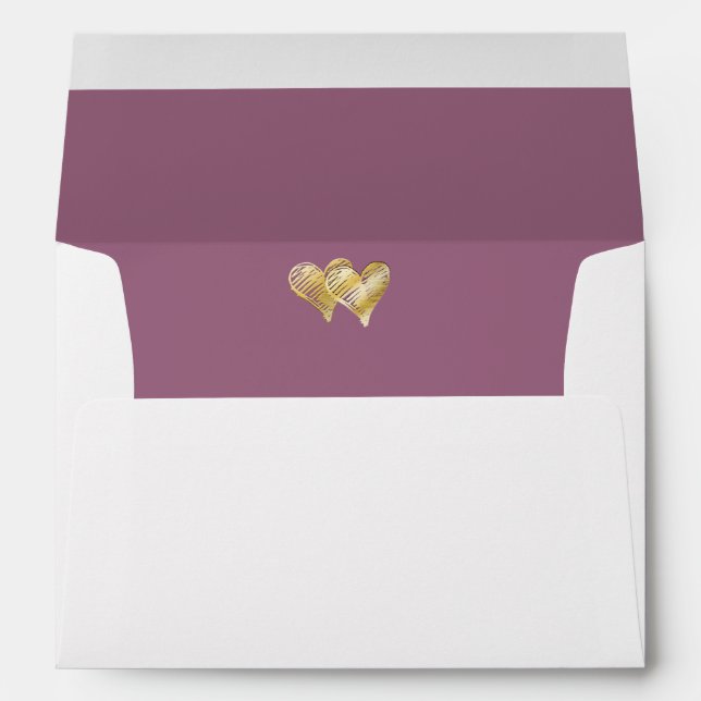 Dusty Violet Gold Embossed Double Heart Lined Envelope (Back (Bottom))