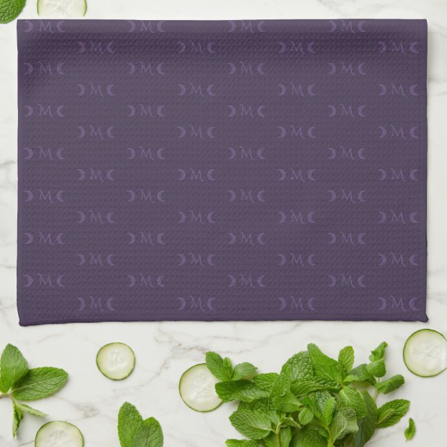 Dusty Violet Monogram Crescent Moon Pattern Kitchen Towel (Folded)