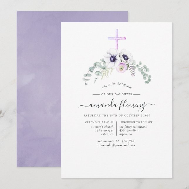 Dusty Violet Poppy Floral Baptism or Christening Invitation (Front/Back)