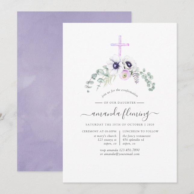 Dusty Violet Poppy Floral Confirmation Invitation (Front/Back)