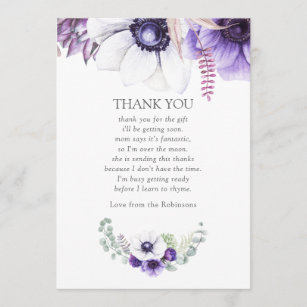 Dusty Violet Watercolor Floral Baby Shower Thanks Thank You Card