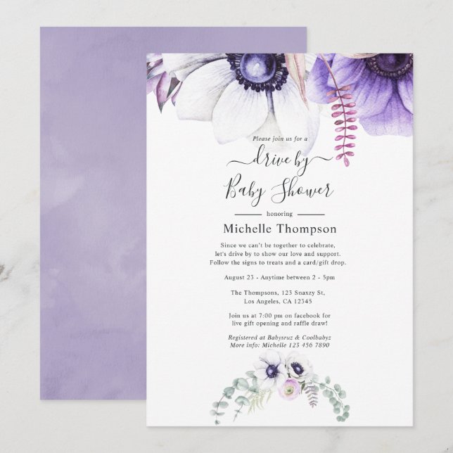 Dusty Violet Watercolor Floral Drive By Shower Invitation (Front/Back)
