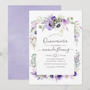 Dusty Violet Watercolor Floral Quinceañera Invitation
