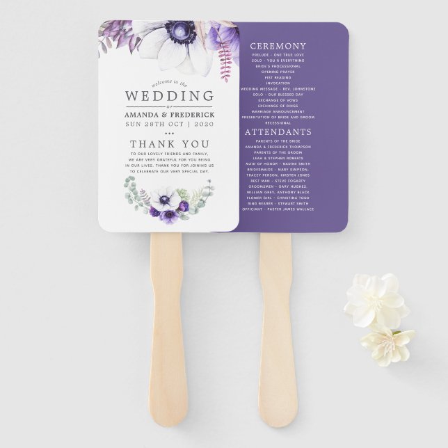 Dusty Violet Wedding Watercolor Floral Program Hand Fan (Front and Back)
