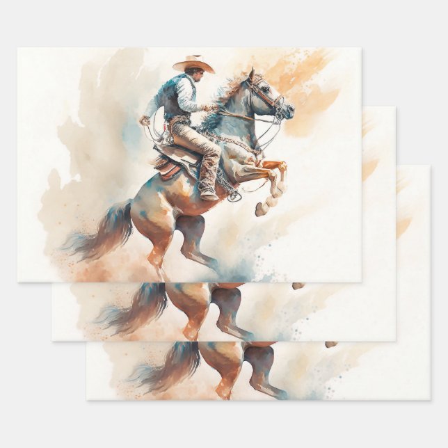 Dusty Western Watercolor “Bucking Bronco”   Wrapping Paper Sheet (Set)