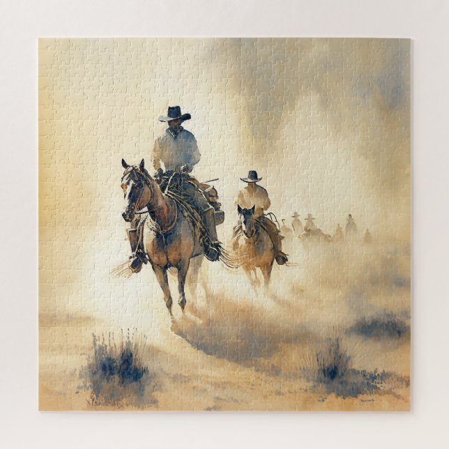 Dusty Western Watercolor ‘Riders in the Dawn’   Jigsaw Puzzle (Vertical)