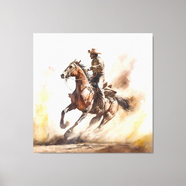 Dusty Western Watercolour Cowboy Riding Mustang Canvas Print (Front)
