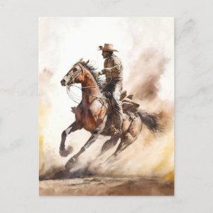 Dusty Western Watercolour Cowboy Riding Mustang Postcard