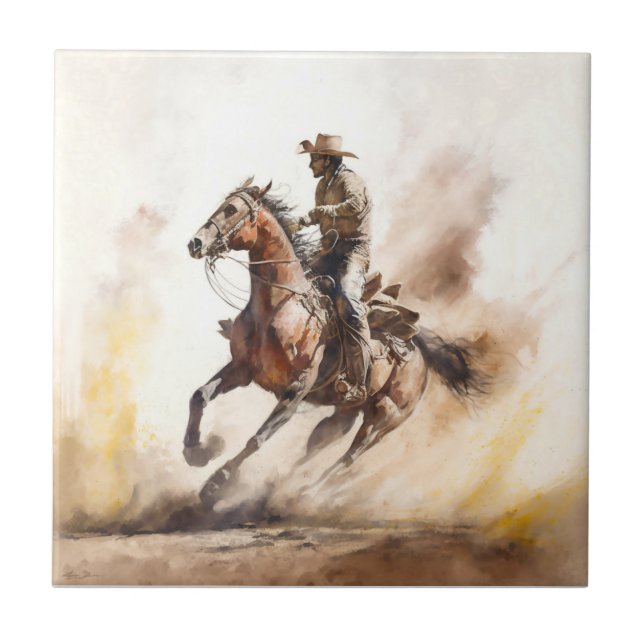 Dusty Western Watercolour Cowboy Riding Mustang Tile (Front)