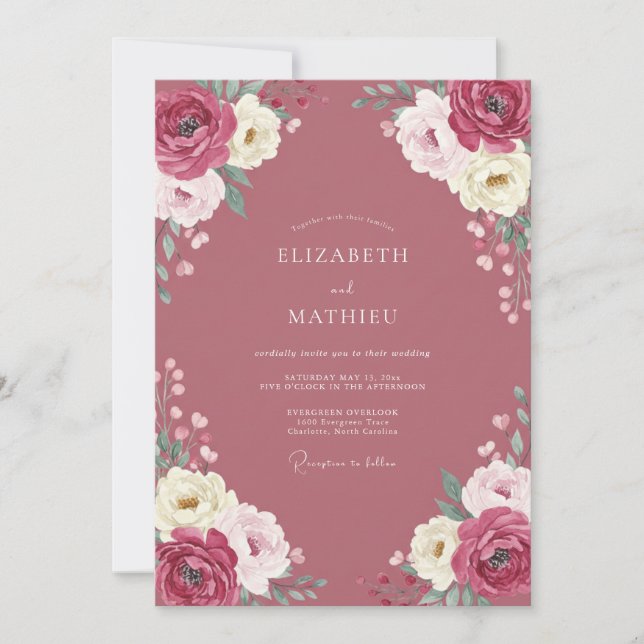 Dusty Wine Ranunculus Eucalyptus Wedding Invitation (Front)