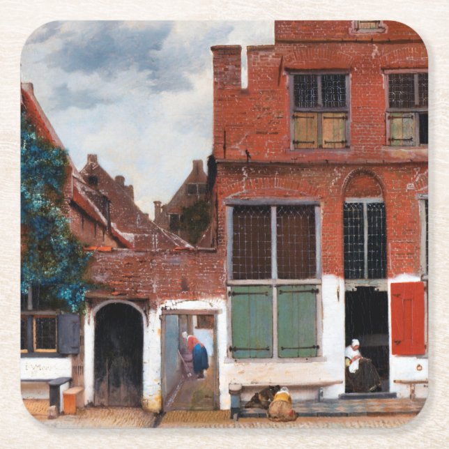 Dutch Alley, Johannes Vermeer Square Paper Coaster (Front)