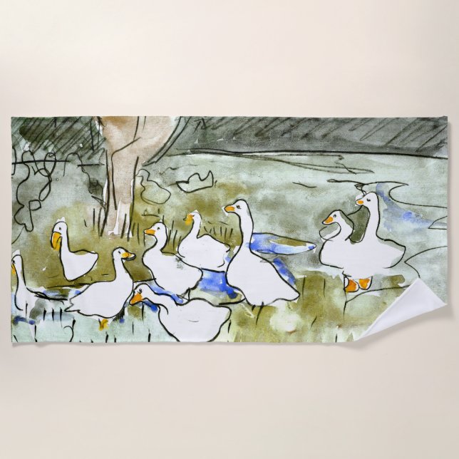 Dutch Art Nouveau Ducks and Geese Beach Towel (Front)