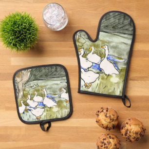 Dutch Art Nouveau Ducks and Geese Oven Mitt & Pot Holder Set