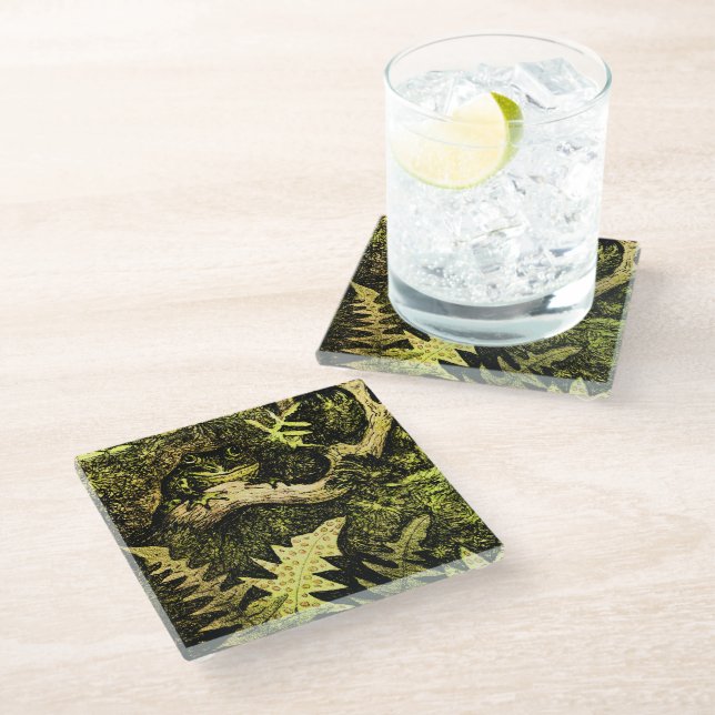 Dutch Art Nouveau Frog in Tree Glass Coaster (Angled)
