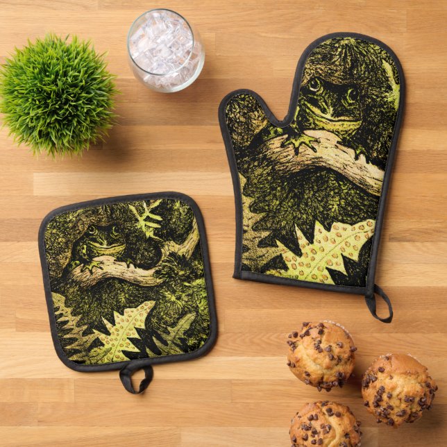 Dutch Art Nouveau Frog in Tree Oven Mitt & Pot Holder Set (Top Down)