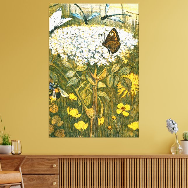 Dutch Art Nouveau Meadow Wildflowers, Butterflies Canvas Print (Insitu(LivingRoom))