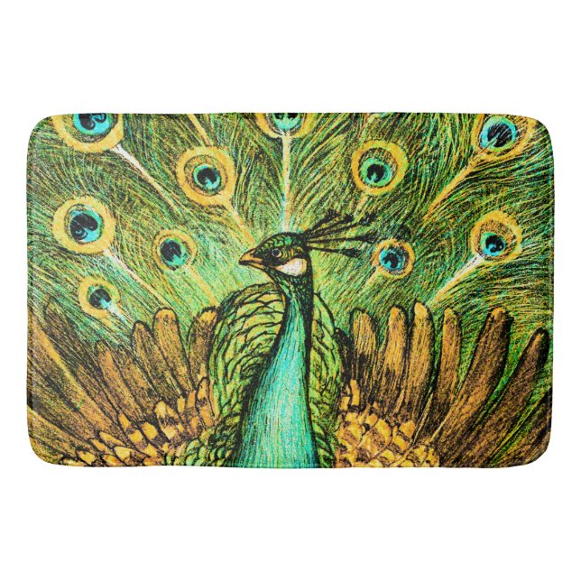 Dutch Art Nouveau Peacock and Chickens Bath Mat (Front)