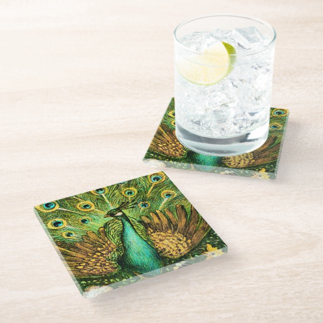 Dutch Art Nouveau Peacock and Chickens Glass Coaster (Angled)