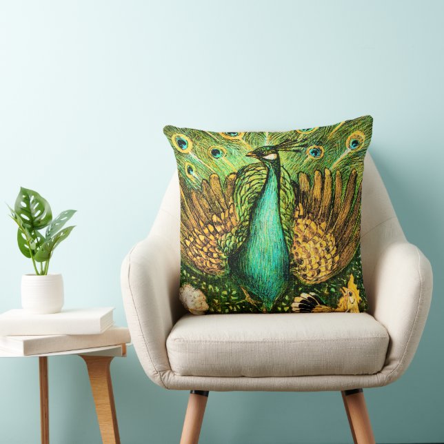Dutch Art Nouveau Peacock and Chickens Throw Pillow (Chair)