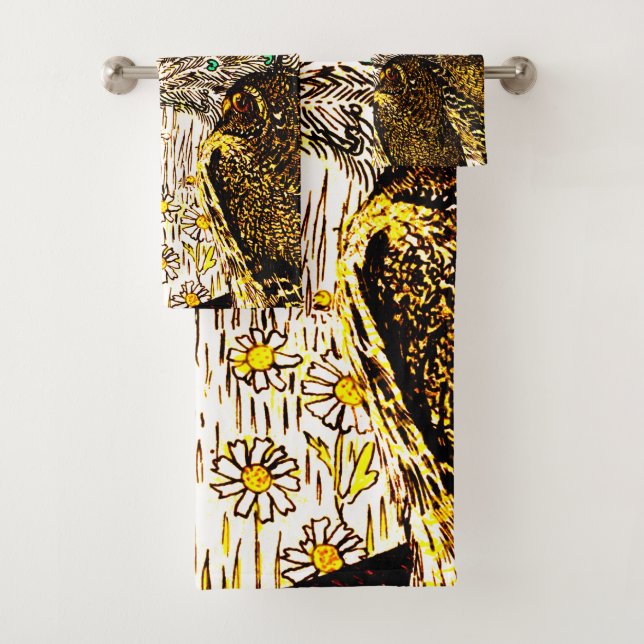 Dutch Art Nouveau Peacock and Owls Bath Towel Set (Insitu)