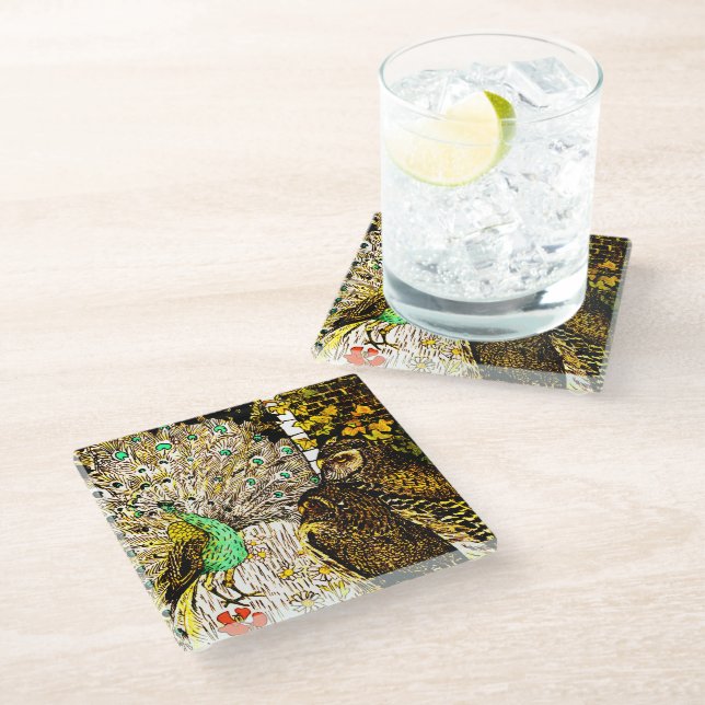 Dutch Art Nouveau Peacock and Owls Glass Coaster (Angled)