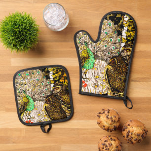 Dutch Art Nouveau Peacock and Owls Oven Mitt & Pot Holder Set