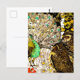 Dutch Art Nouveau Peacock and Owls Postcard