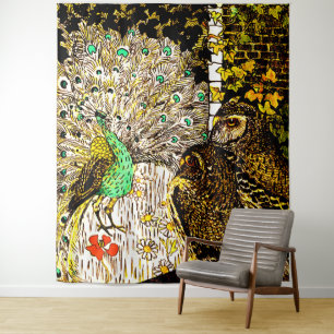 Dutch Art Nouveau Peacock and Owls Tapestry