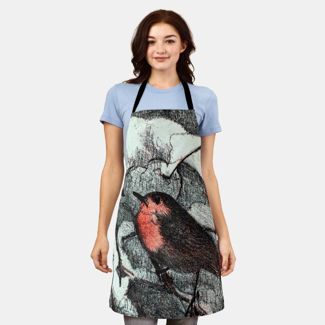 Dutch Art Nouveau Robin Bird in Winter Apron (Worn)