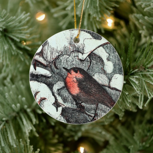 Dutch Art Nouveau Robin Bird in Winter Ceramic Ornament (Tree)