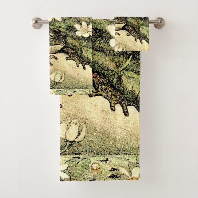 Dutch Art Nouveau Toad and Dogwood  Bath Towel Set (Insitu)