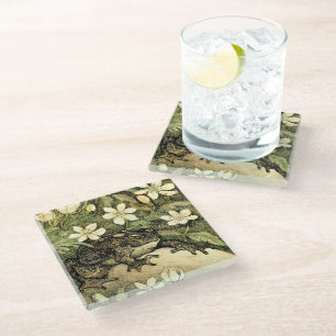 Dutch Art Nouveau Toad and Dogwood Glass Coaster