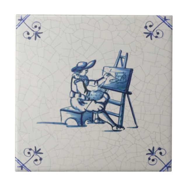 Dutch Artist at Easel Hand Painted 1600s Repro Tile (Front)