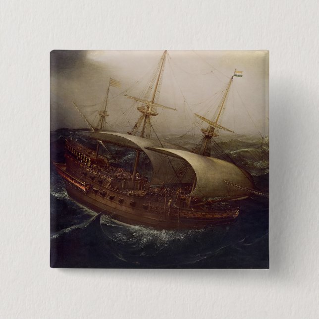 Dutch Battleship in a Storm 2 Inch Square Button (Front)