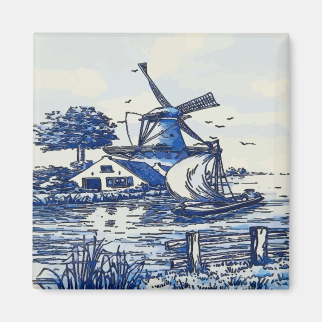 Dutch Blue Vintage Style Windmill Magnet (Front)