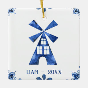 Dutch Blue Windmill Personalized Ornament