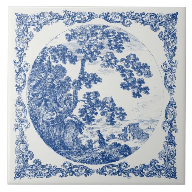 Dutch Countryside Landscape Vintage Delft Blue Tile (Front)
