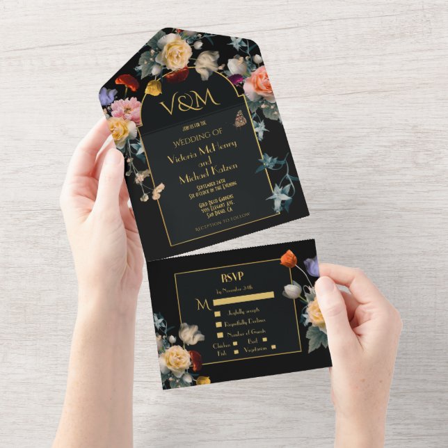 Dutch Floral Dark & Moody Wedding Initials All In One Invitation (Tearaway)