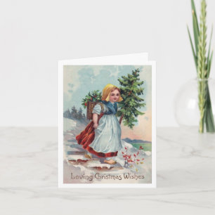 Dutch girl, Christmas tree, holly greeting card