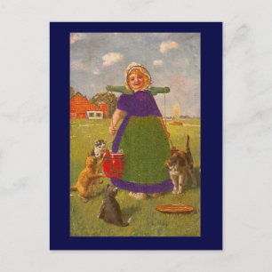 Dutch girl with buckets and cats postcard