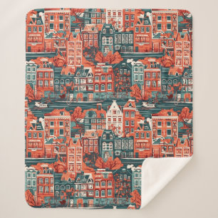 Dutch Houses Pattern Sherpa Blanket