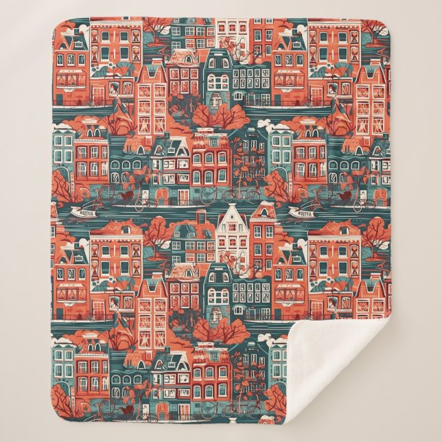Dutch Houses Pattern Sherpa Blanket (Front)
