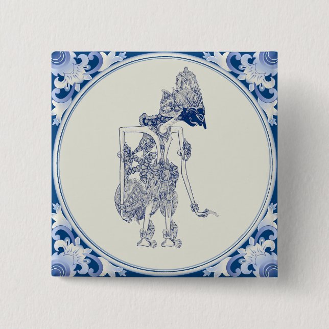 Dutch-Indonesian Shadow Puppet Delft Blauw. 2 Inch Square Button (Front)