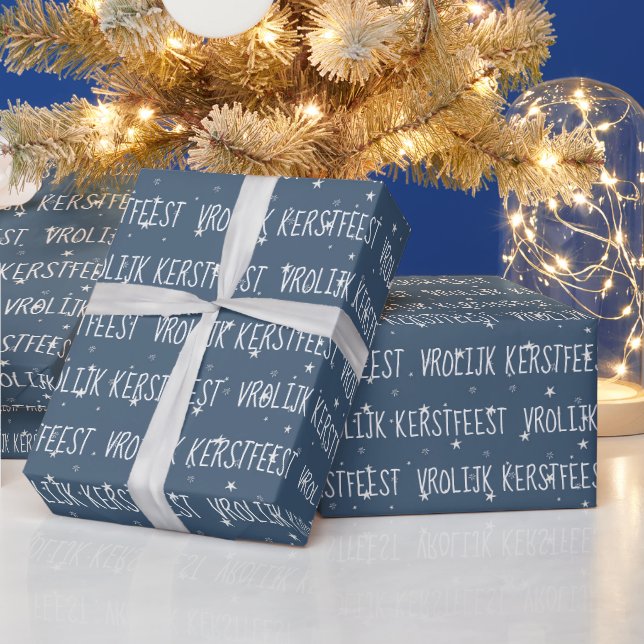 Dutch Merry Christmas On Snowflakes Wrapping Paper (Holidays)
