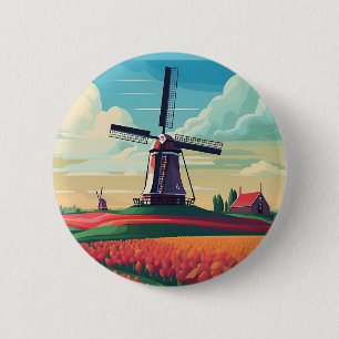 Dutch Orange Tulip Field Windmill Netherlands  2 Inch Round Button