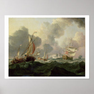 Dutch Pinks and a British Frigate in Choppy Seas Poster