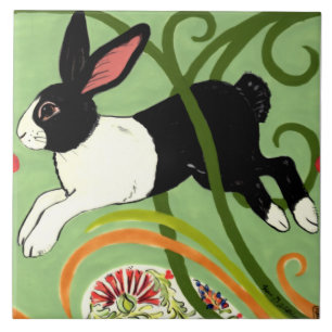 Dutch Rabbit on Green Art Deco Designer Tile