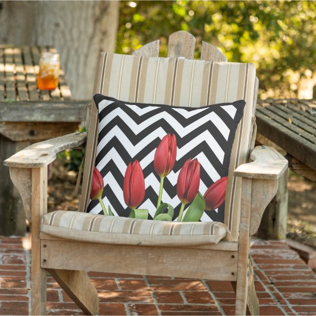 Dutch Red Tulips Modern Black White Zigzag Pattern Outdoor Pillow (Chair)